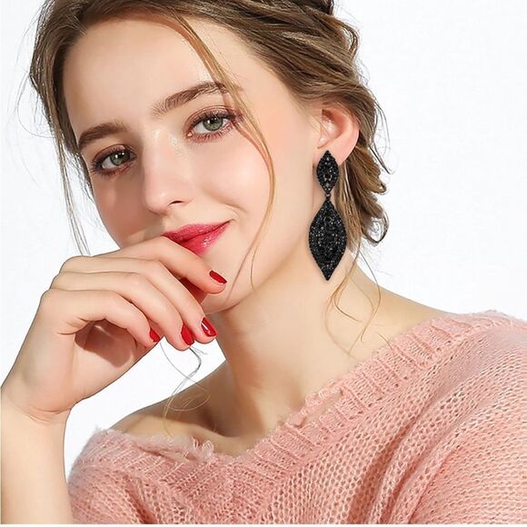 Carbon Black with Black Onyx Crystal Double Leaf Chandelier Post Back Earrings - Picture 5 of 6